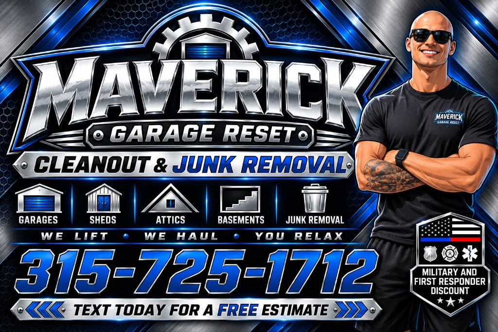Maverick Garage Reset flyer — cleanout and junk removal, text (315) 725-1712 for a free estimate.